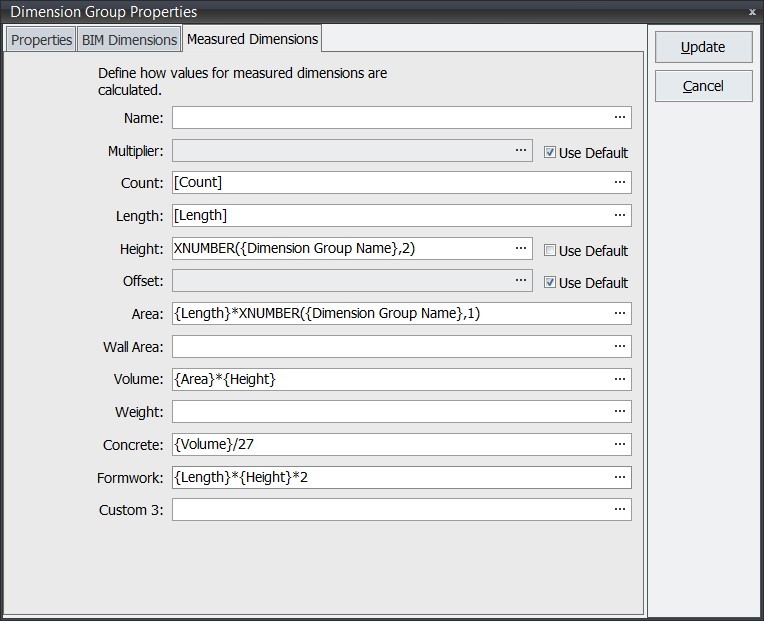 Dimension field formulas